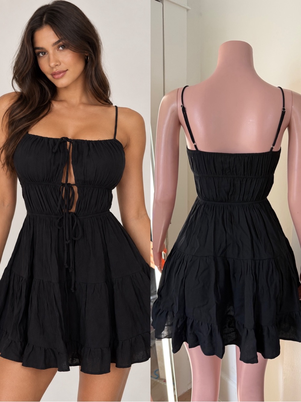 Black Tiered Tie-Front Sun Dress - Women's
